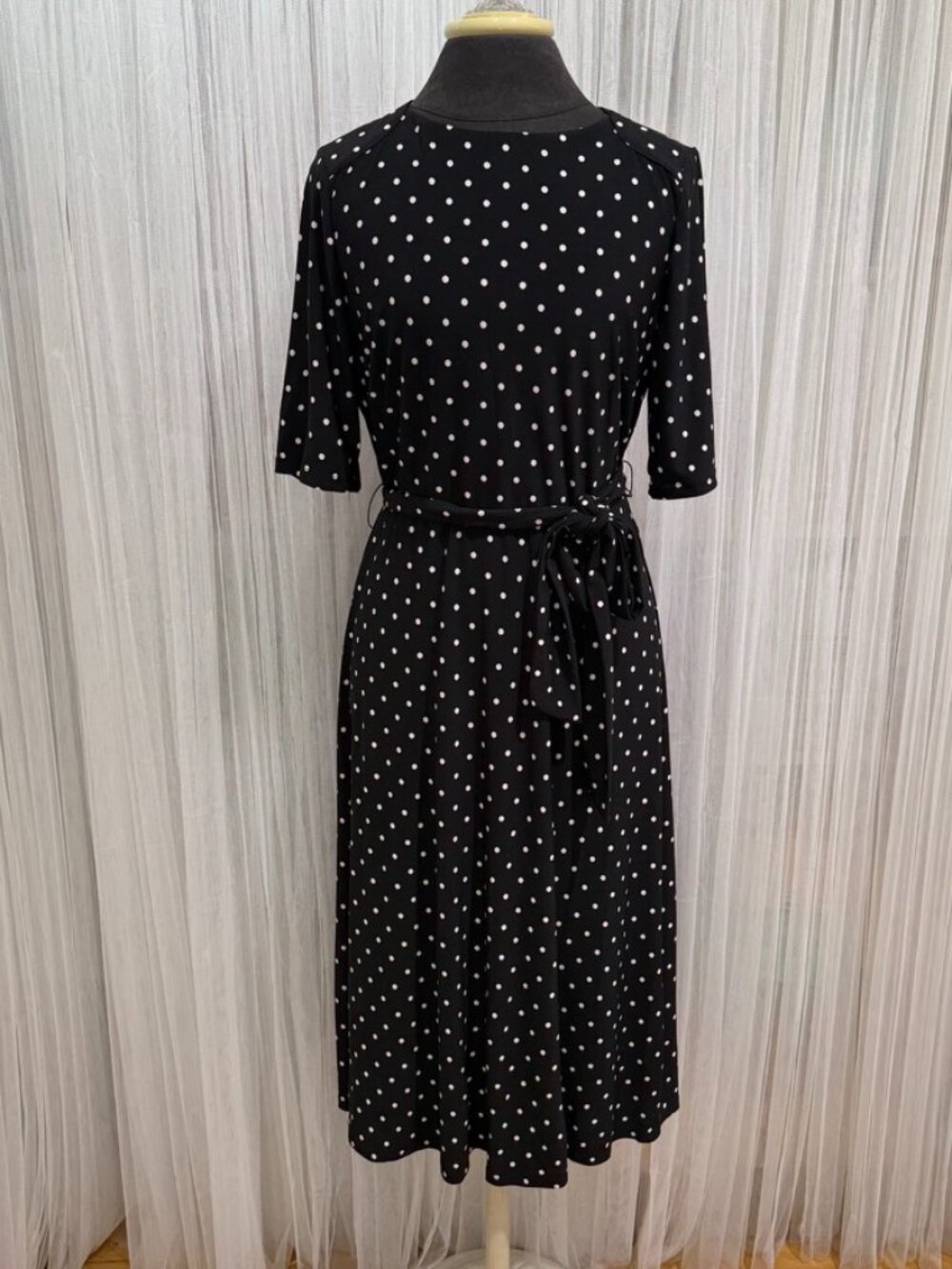 Anne Klein Women's Black White Polka Dot Midi Dress Belted Stretch Size 10
